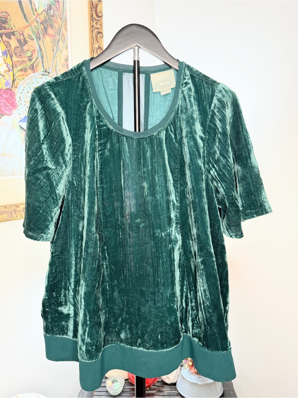 Maeve Anthropologie M Teal Crushed Velvet Tunic Top Sheer Back Boho Blouse